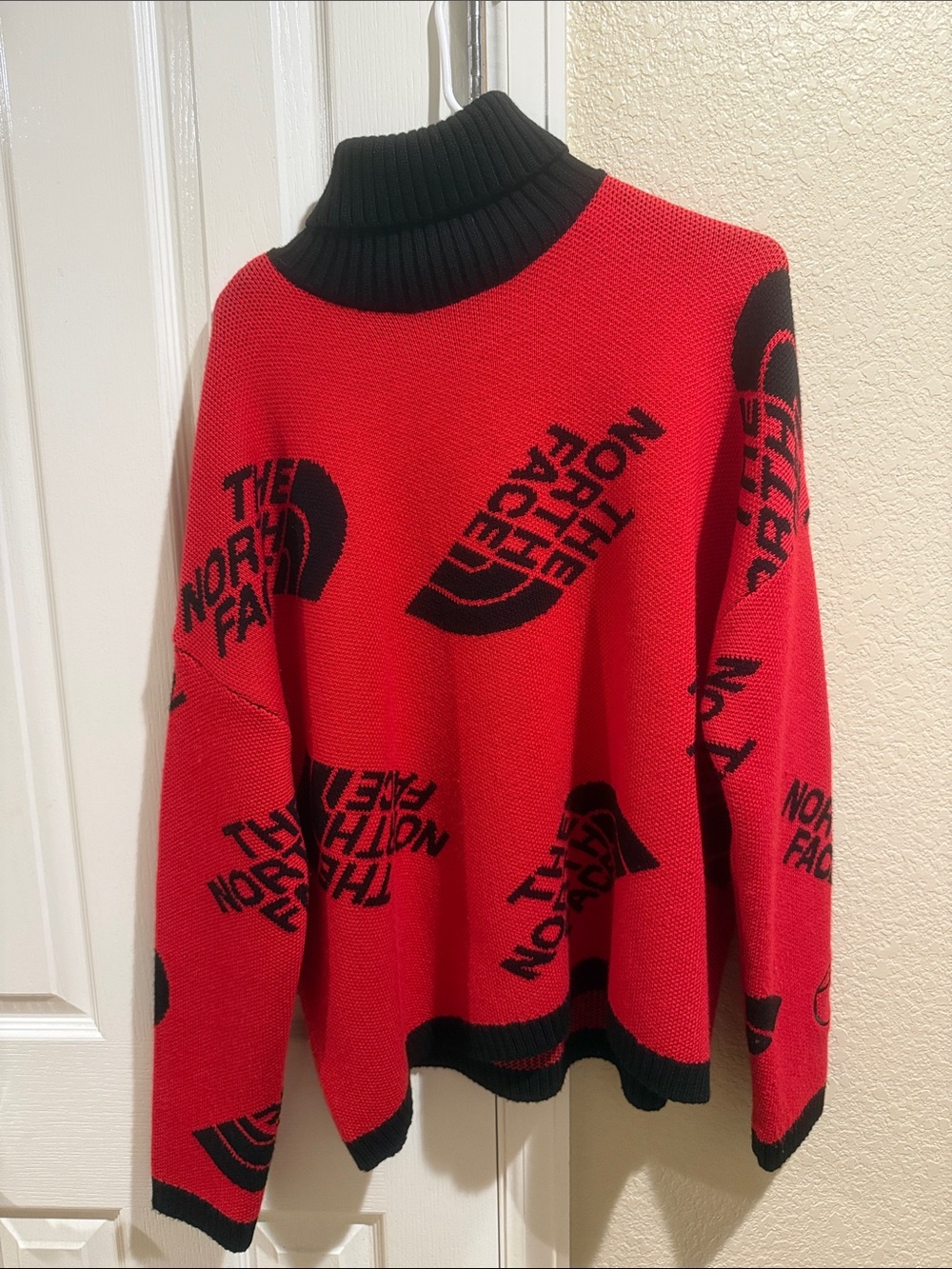 The North Face Red and Black Logo Turtleneck Sweater